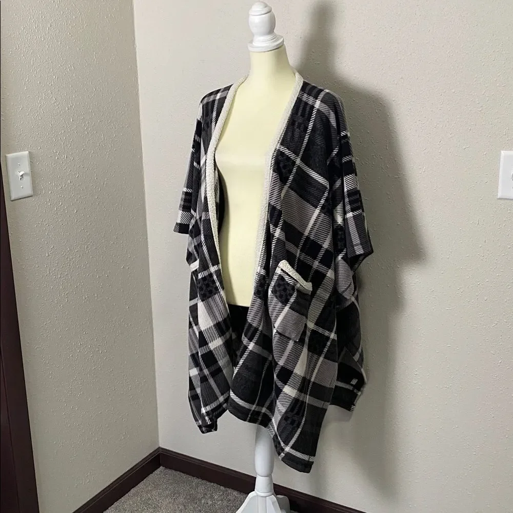 Cuddl Duds Plaid Sherpa Trim Cardigan Wrap S/M Buffalo Check Cozy Lounge Layer